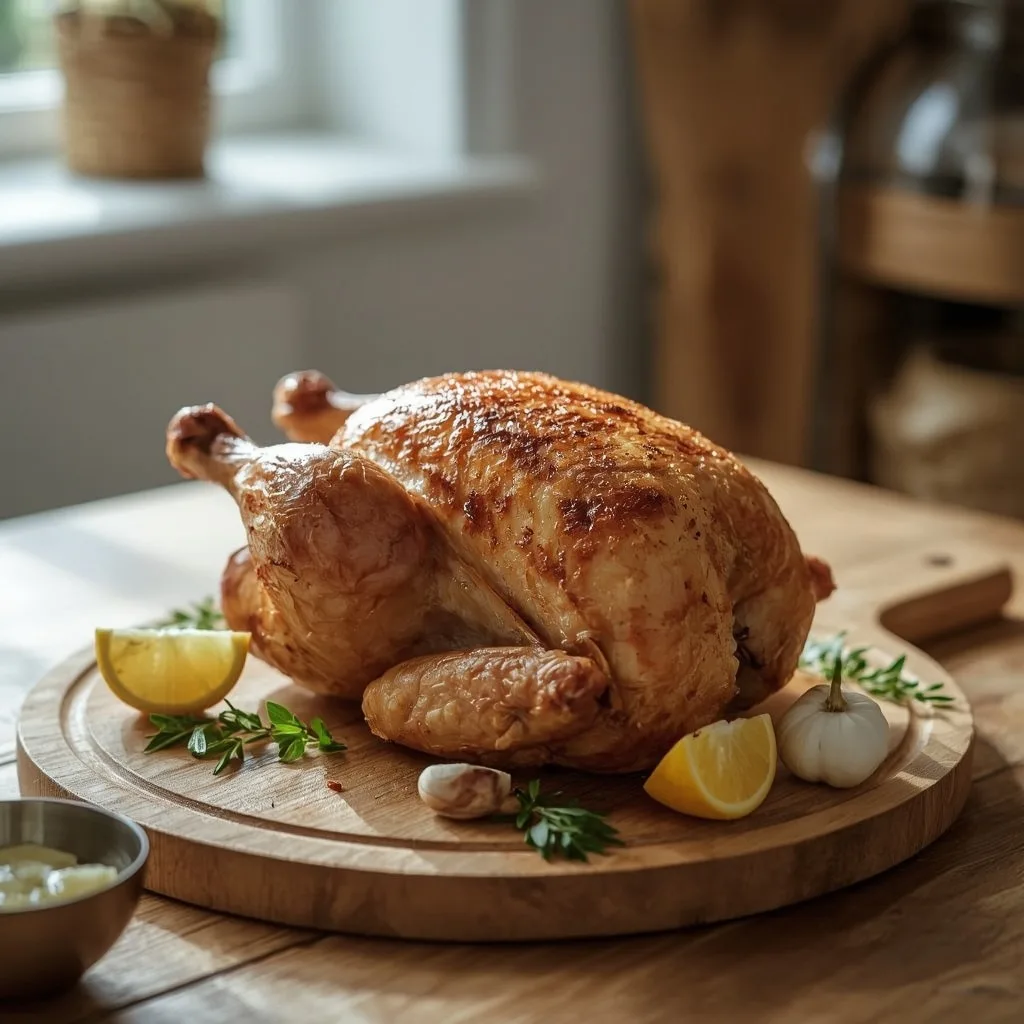 Air fryer whole roast chicken with lemon and garlic