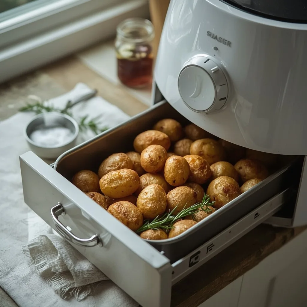 Air fryer roast potatoes golden and crispy in the basket