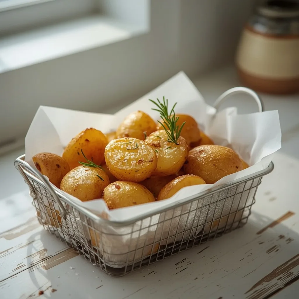 Air fryer roast potatoes with rosemary in the basket