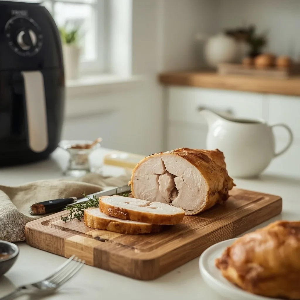 Air fryer turkey breast joint sliced on a board