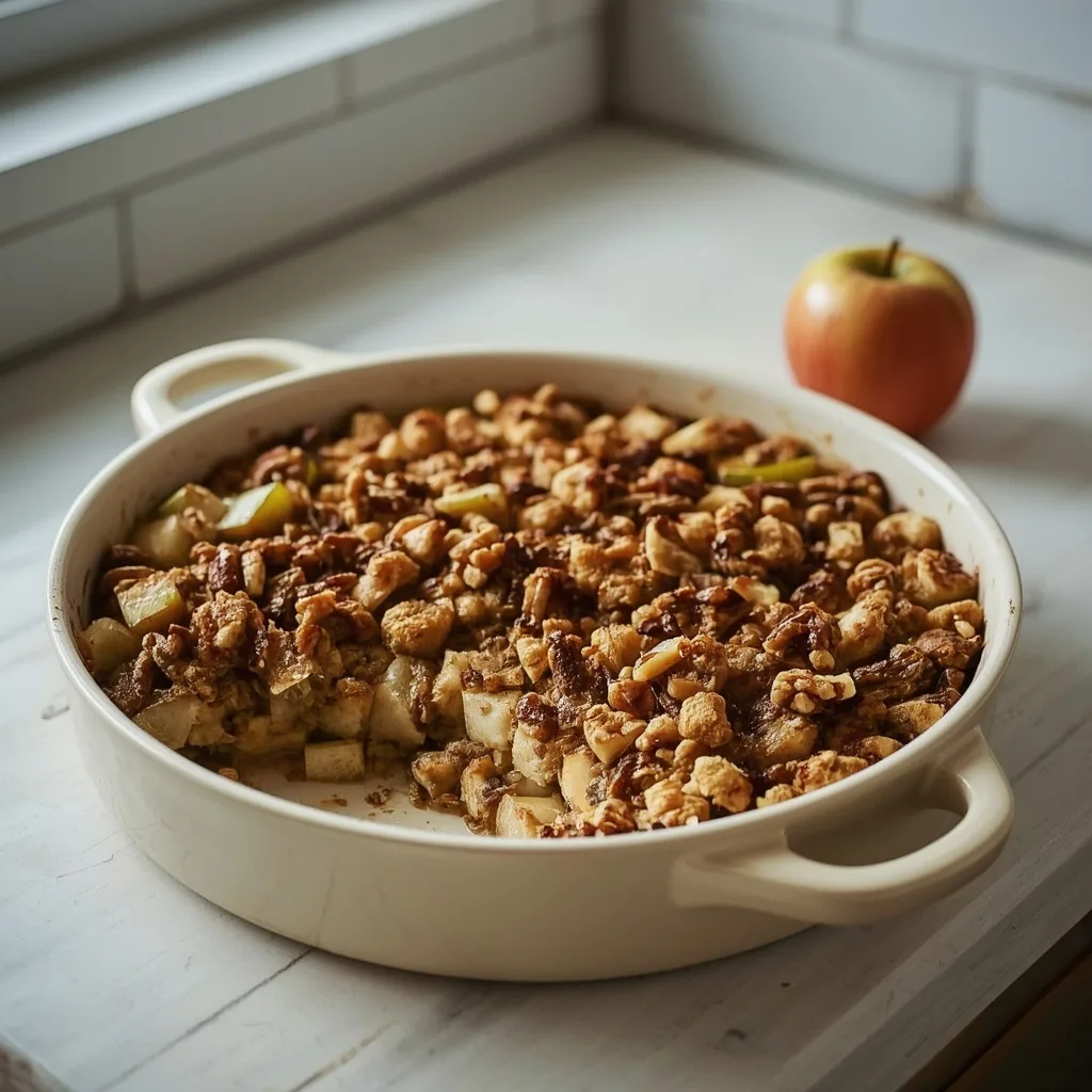 Apple, celery and walnut stuffing in a baking dish