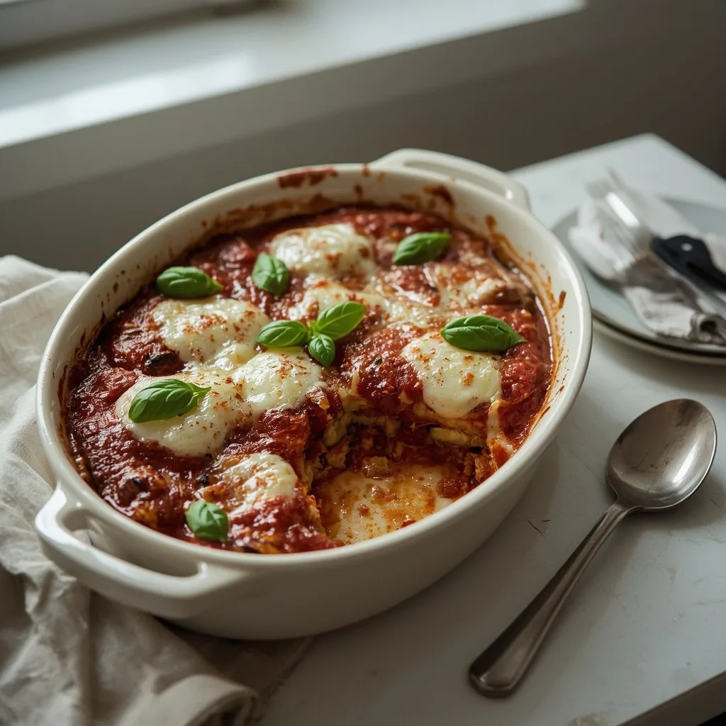 Aubergine parmigiana with bubbling mozzarella and basil in a baking dish