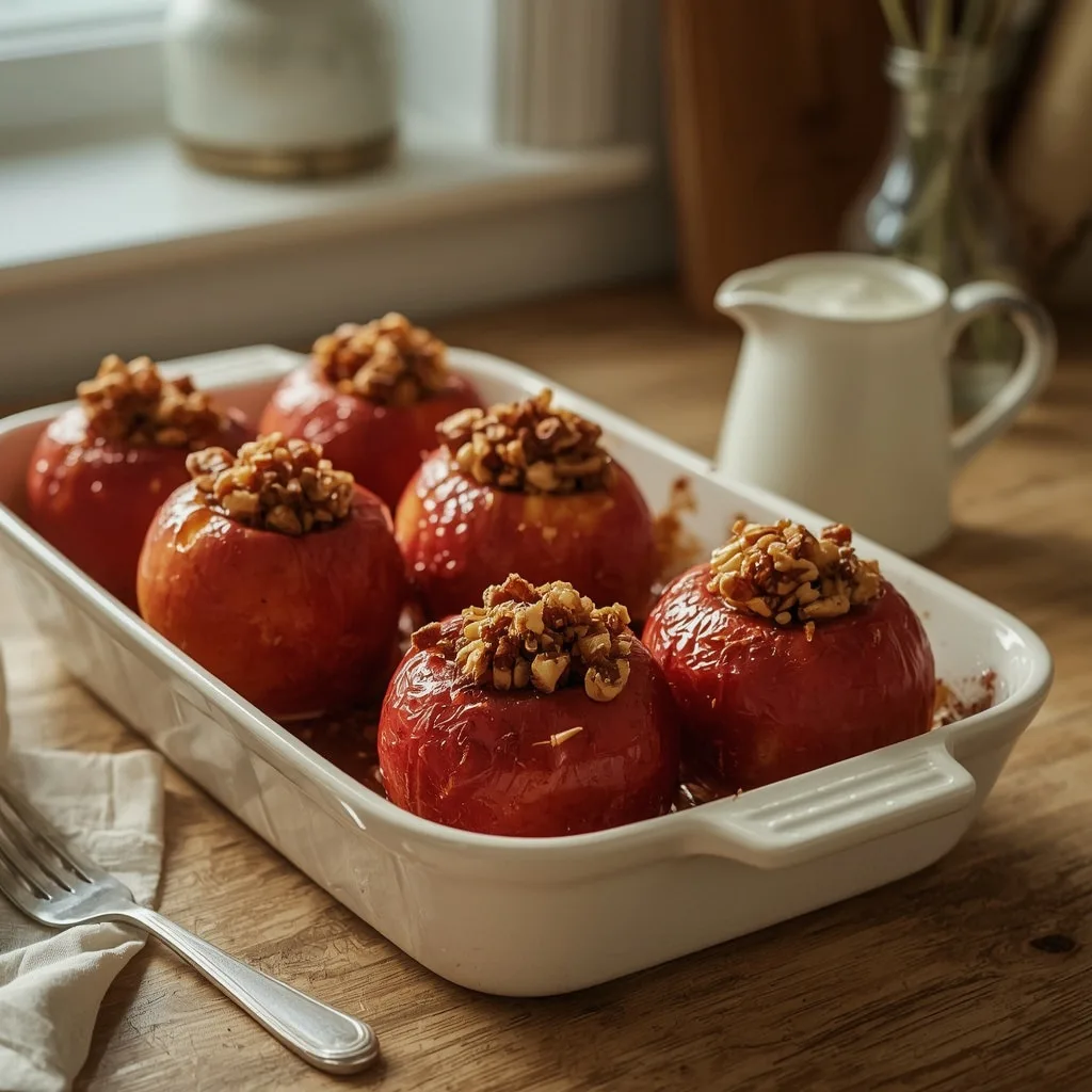 Baked apples with cinnamon and walnuts and custard