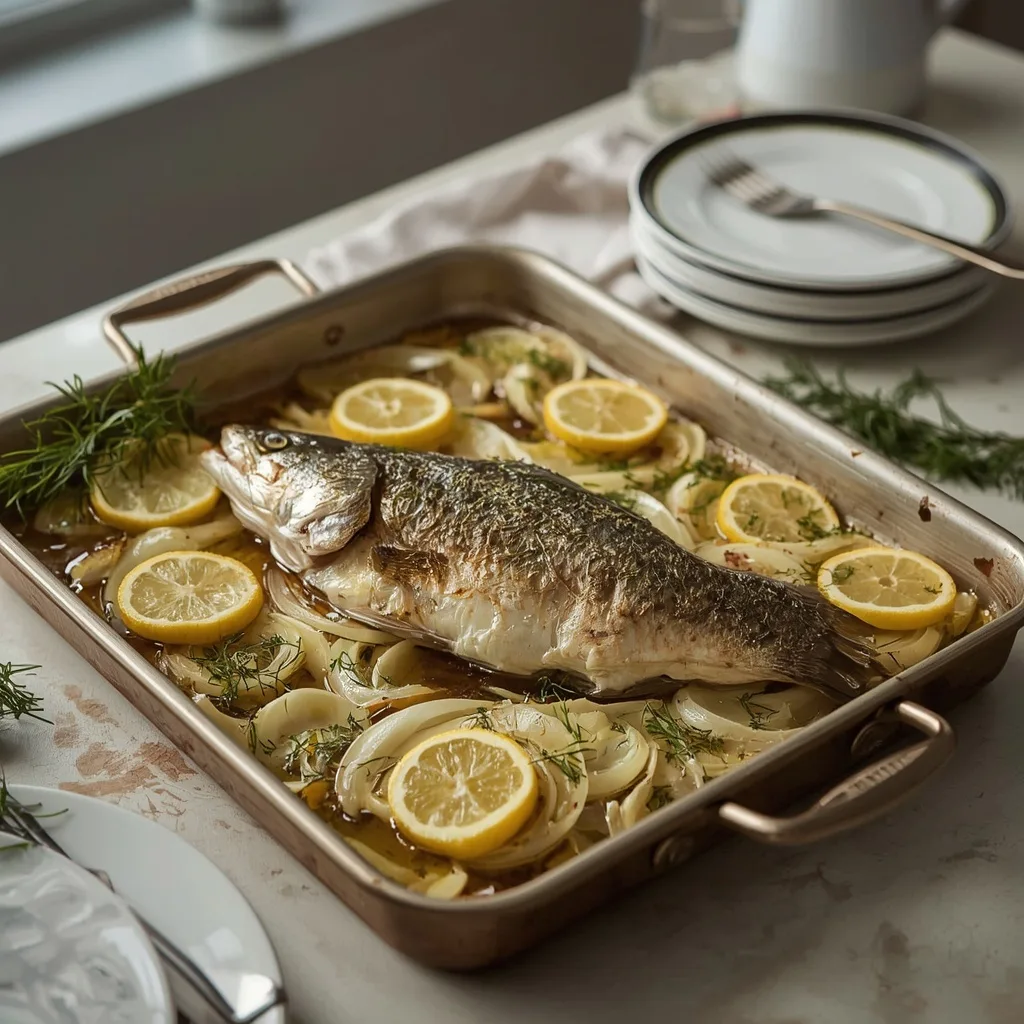 Baked whole sea bass on fennel and lemon