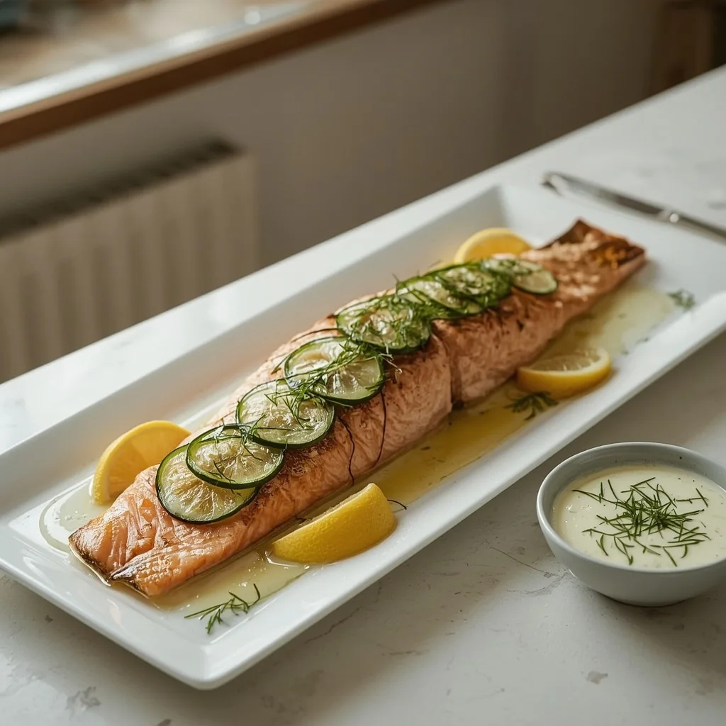 Baked whole salmon with cucumber, dill and lemon on a white platter