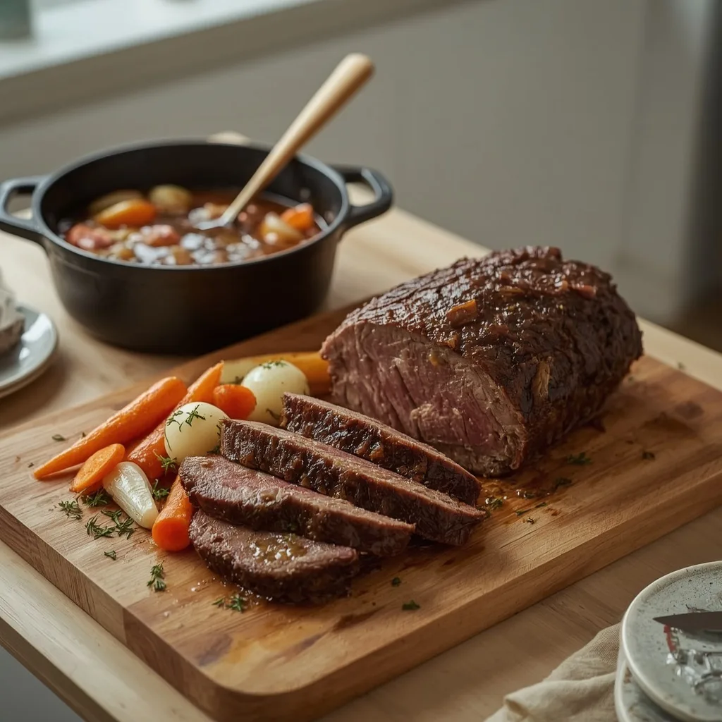 Pot-roast beef brisket sliced with root vegetables and gravy