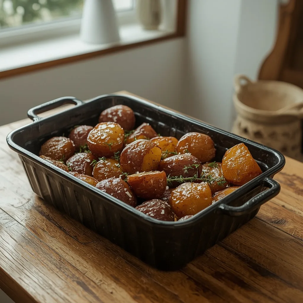 Beef dripping roast potatoes in a blackened roasting tin