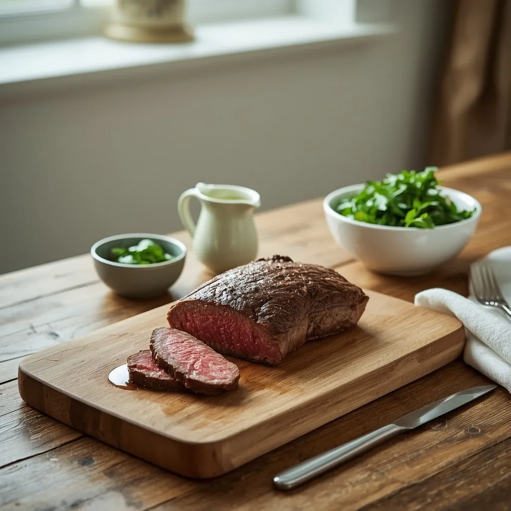 Sliced beef fillet with a jug of creamy peppercorn sauce