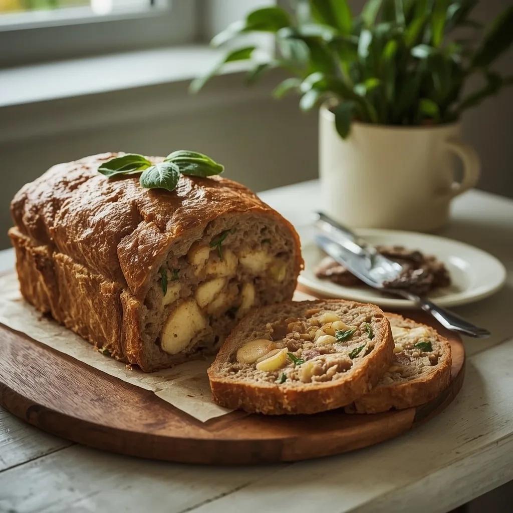 Beef sausage meat, apple and sage stuffing sliced from a loaf tin