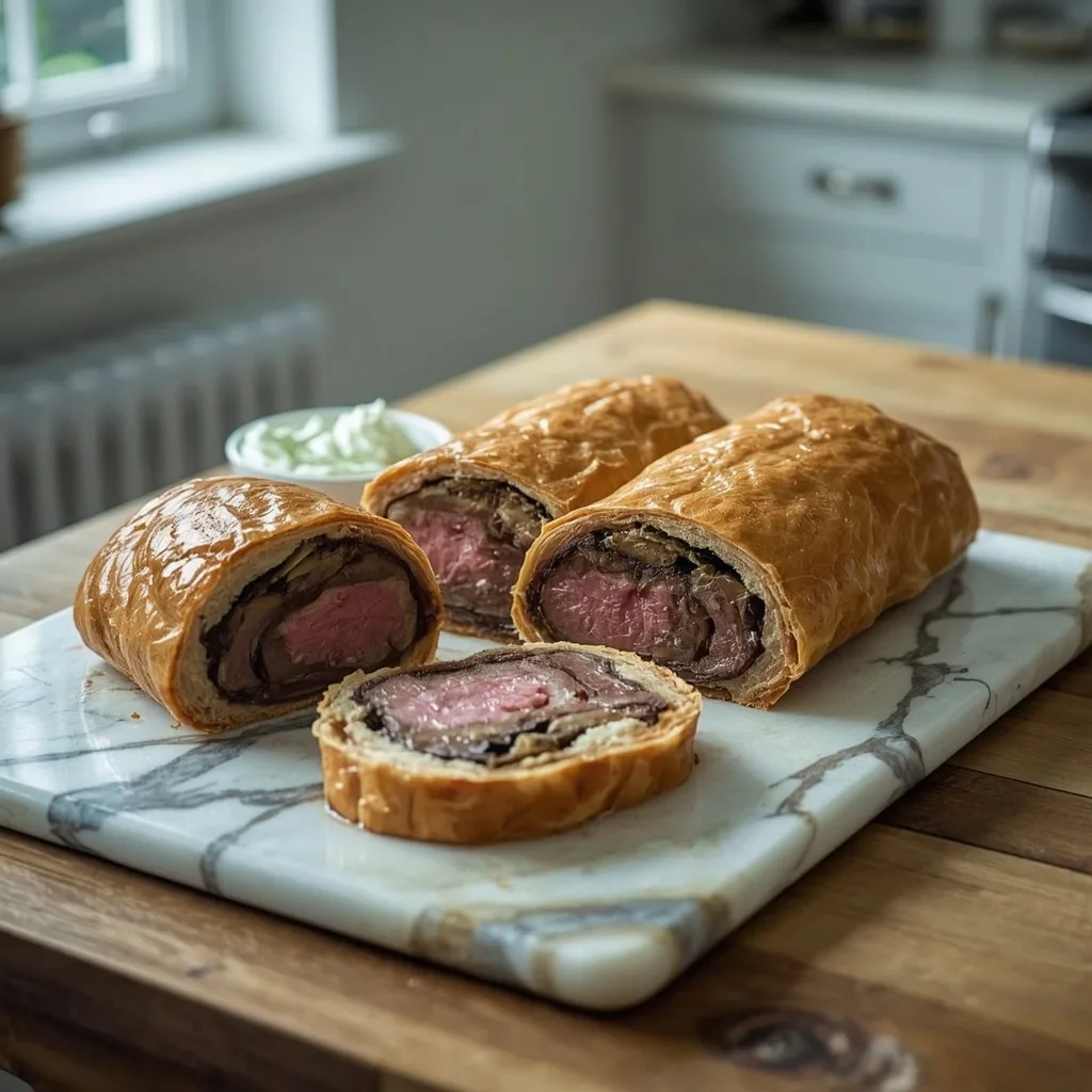 Beef Wellington with horseradish and mushrooms sliced on a marble board
