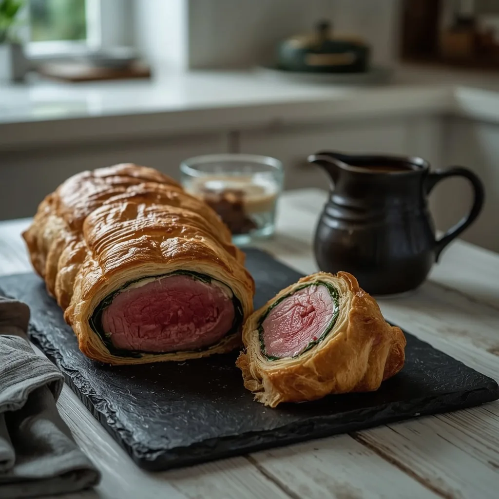 Beef Wellington with spinach sliced on a slate board