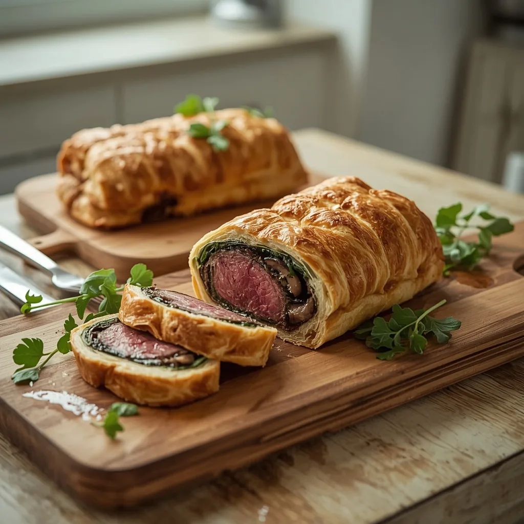 Beef Wellington with spinach and mushrooms cut into thick slices
