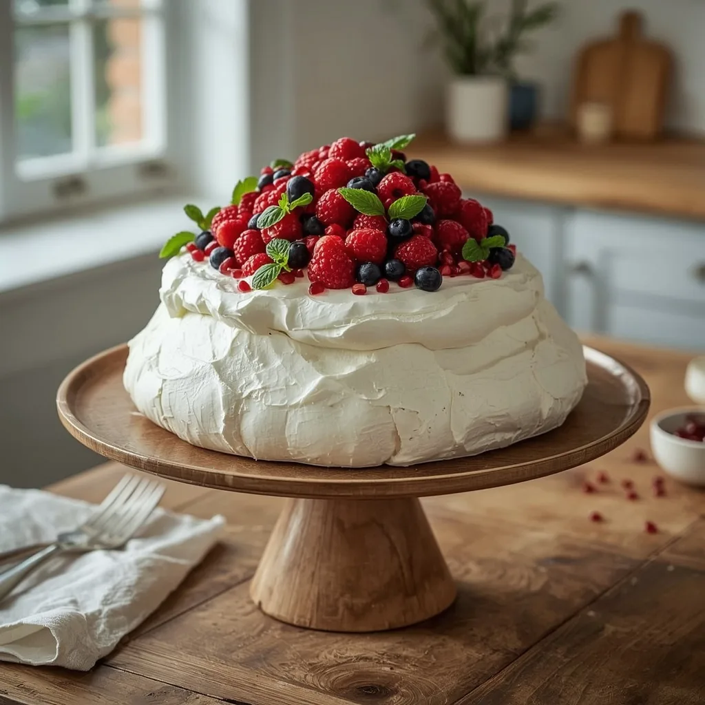 Pavlova with whipped cream, red berries and mint