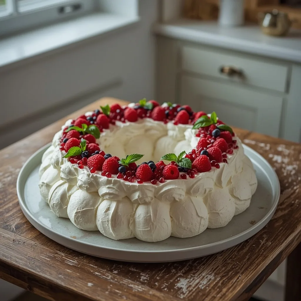 Berry pavlova wreath with cream, raspberries and mint