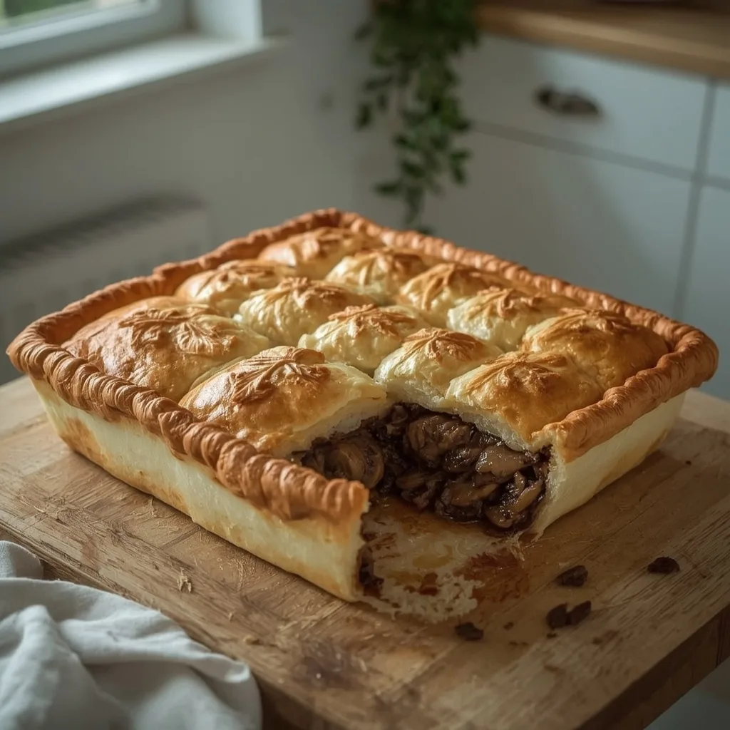 Big-batch beef and mushroom pie with pastry holly leaves