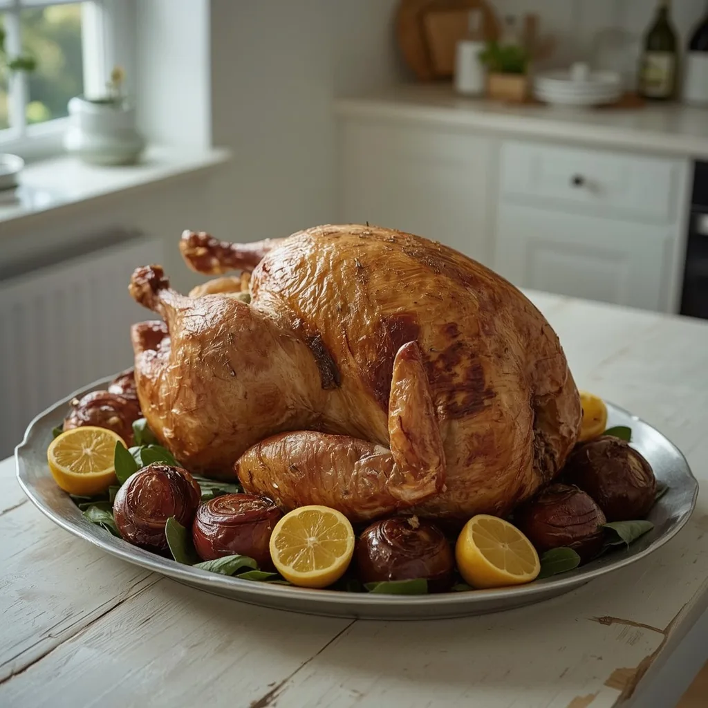 Big herby roast turkey for a crowd on a large platter
