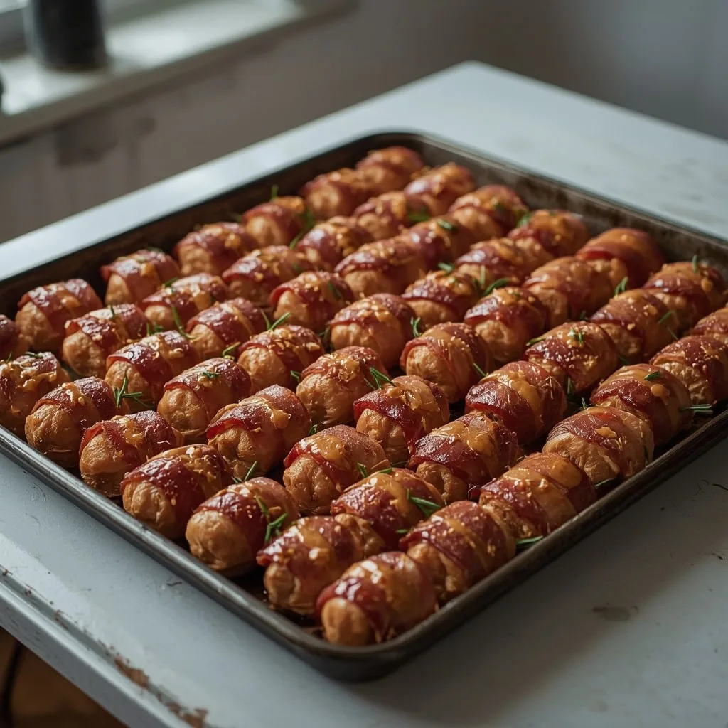 Big tray of chicken chipolatas wrapped in turkey bacon