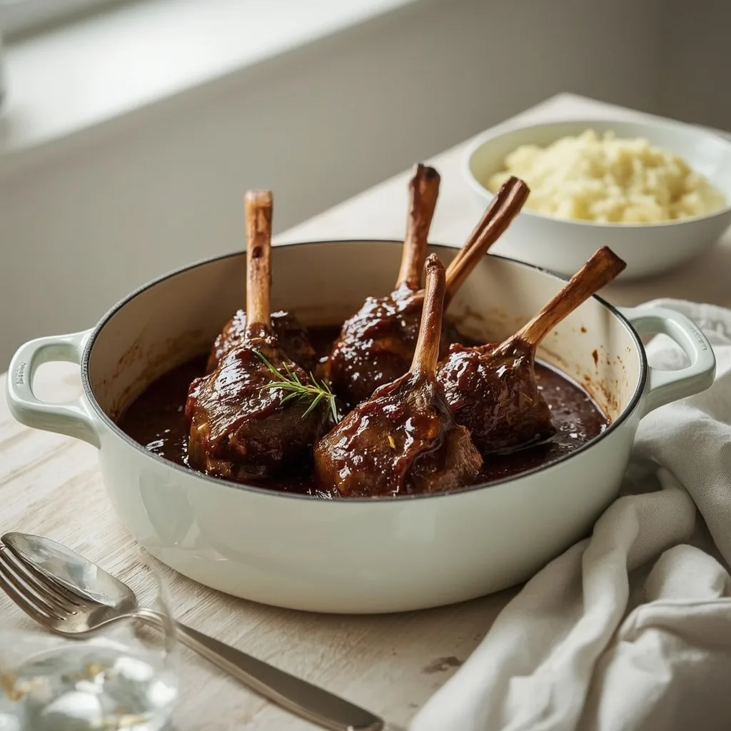Braised lamb shanks in redcurrant and rosemary sauce with mashed potato