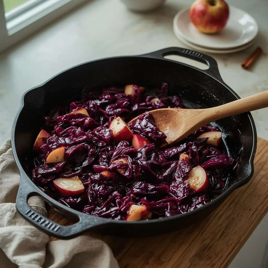Braised red cabbage with apple in a cast iron pan