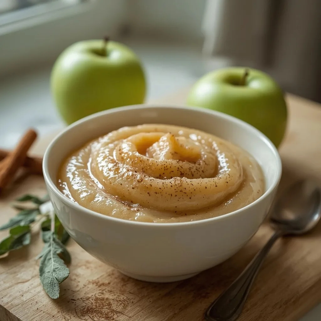 Homemade Bramley apple sauce in a white bowl