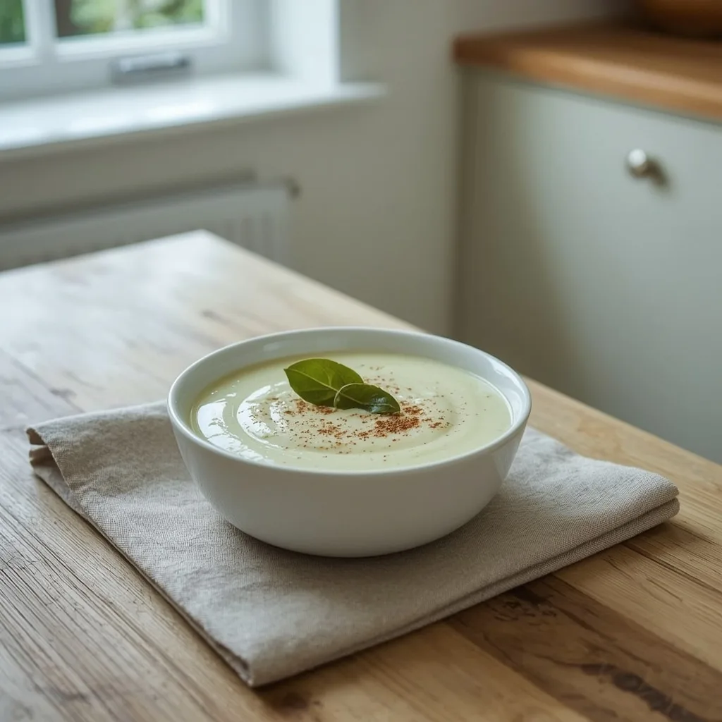Creamy bread sauce in a small white bowl with nutmeg and bay