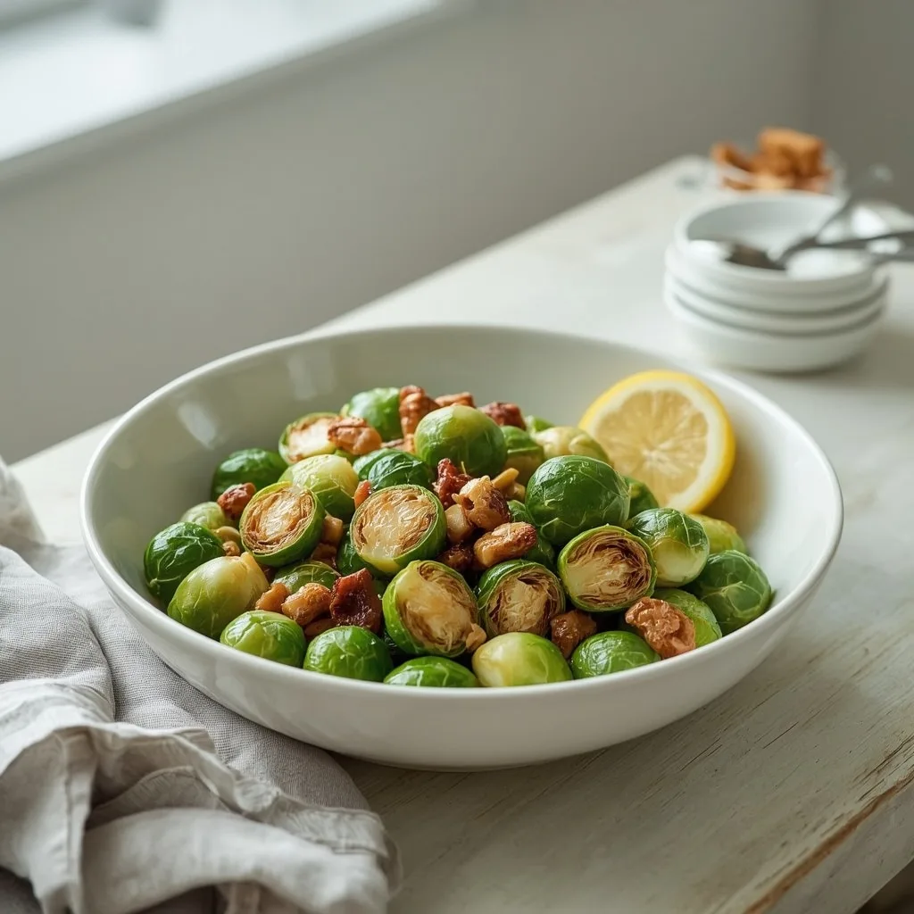 Brussels sprouts with roasted chestnuts and lemon butter in a white bowl
