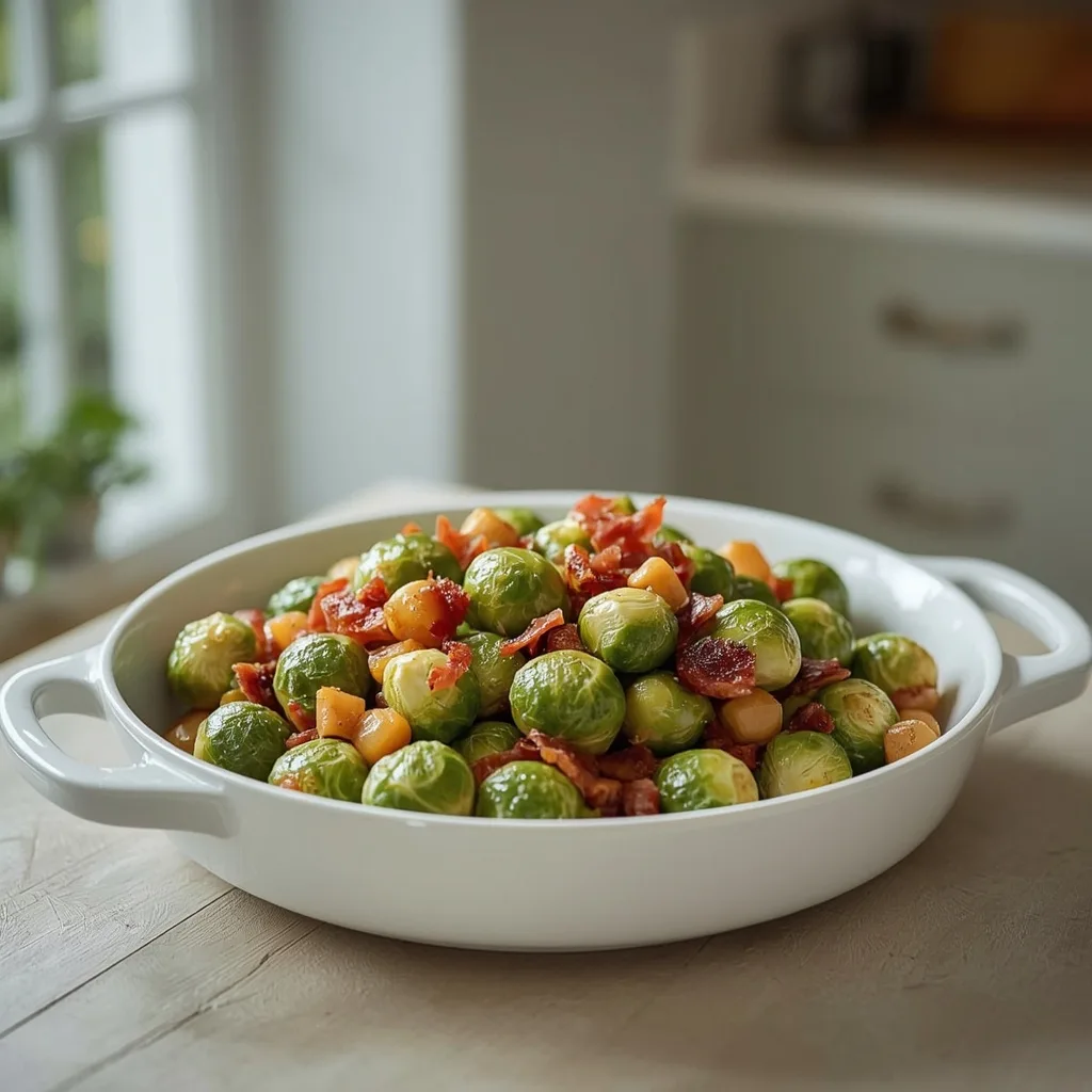 Brussels sprouts with chestnuts and turkey bacon in a white bowl