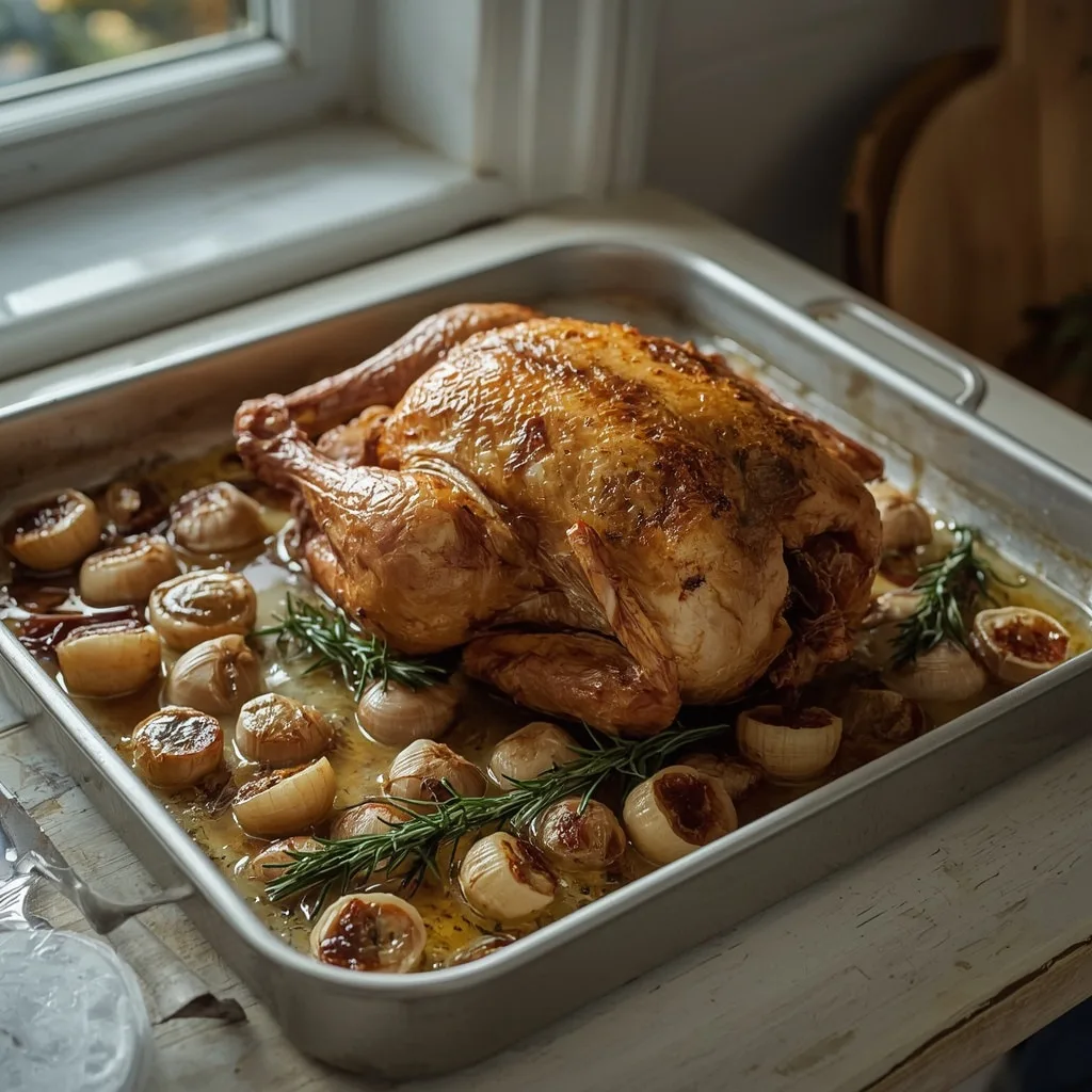 Butterflied roast turkey with garlic cloves and rosemary in a roasting tray