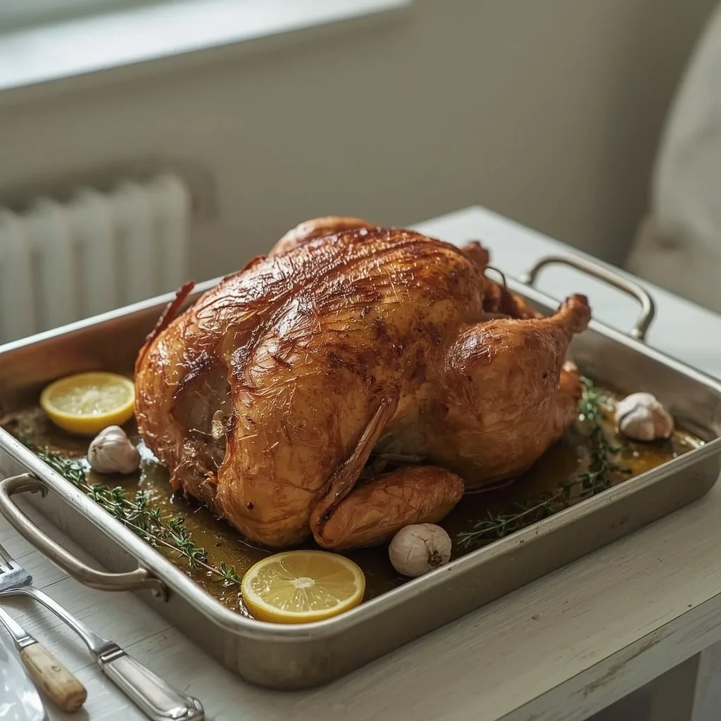 Butterflied roast turkey with lemon and thyme in a large tray
