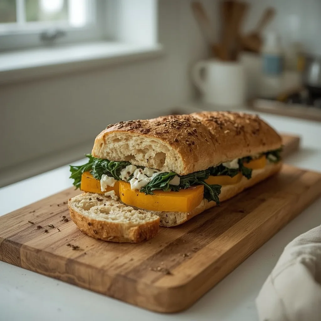 Butternut squash and feta Wellington sliced on a wooden board