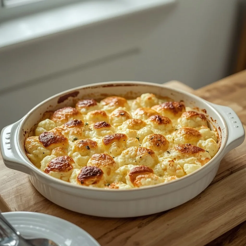 Cauliflower cheese with a golden crust in an oval baking dish