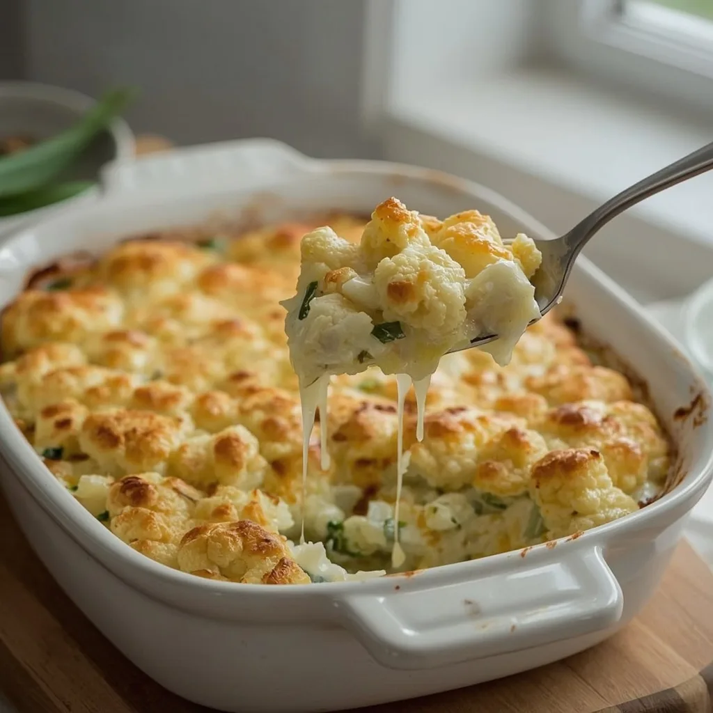 Cauliflower and leek cheese with a golden crust in a baking dish