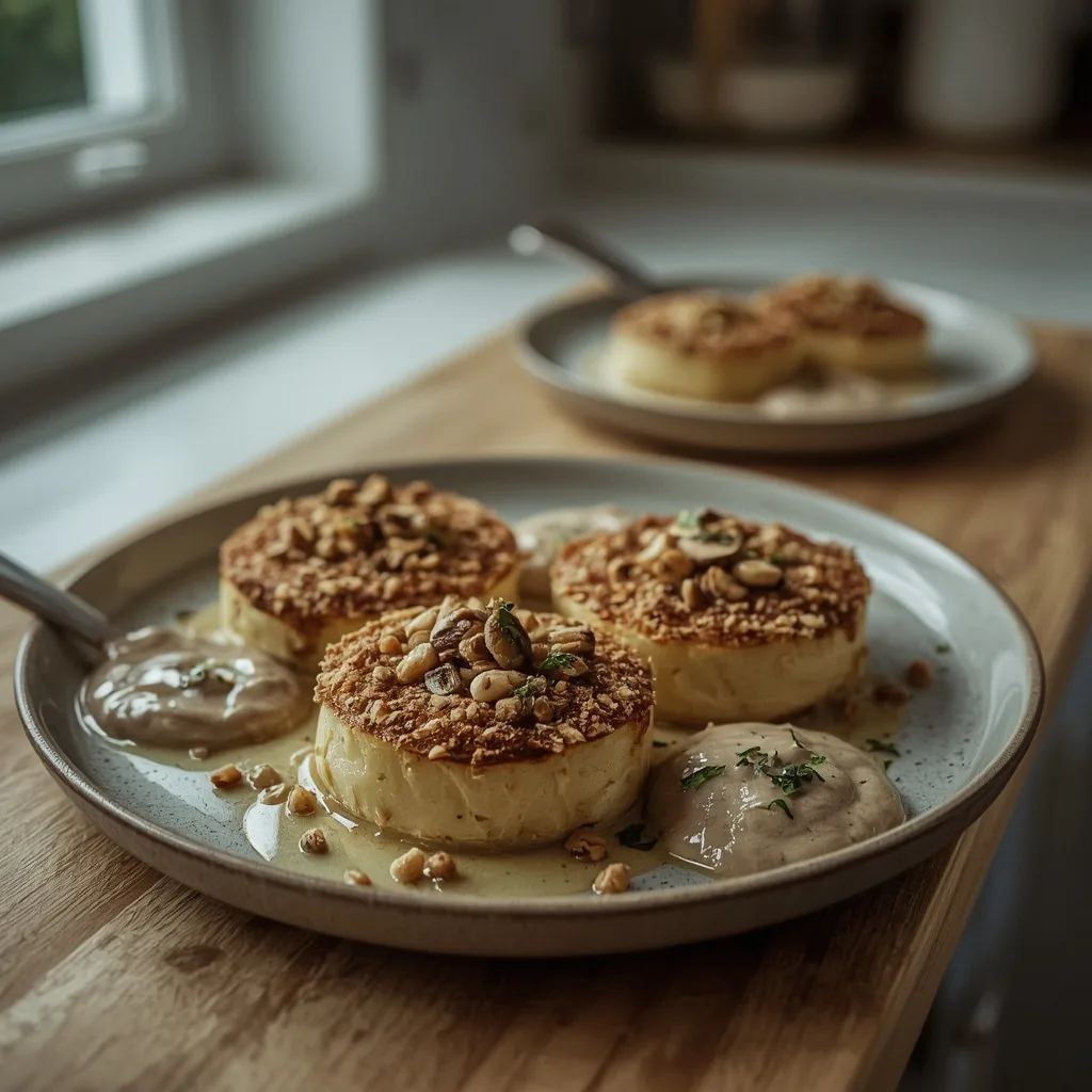 Roasted celeriac steaks with hazelnut crumb and mushroom sauce