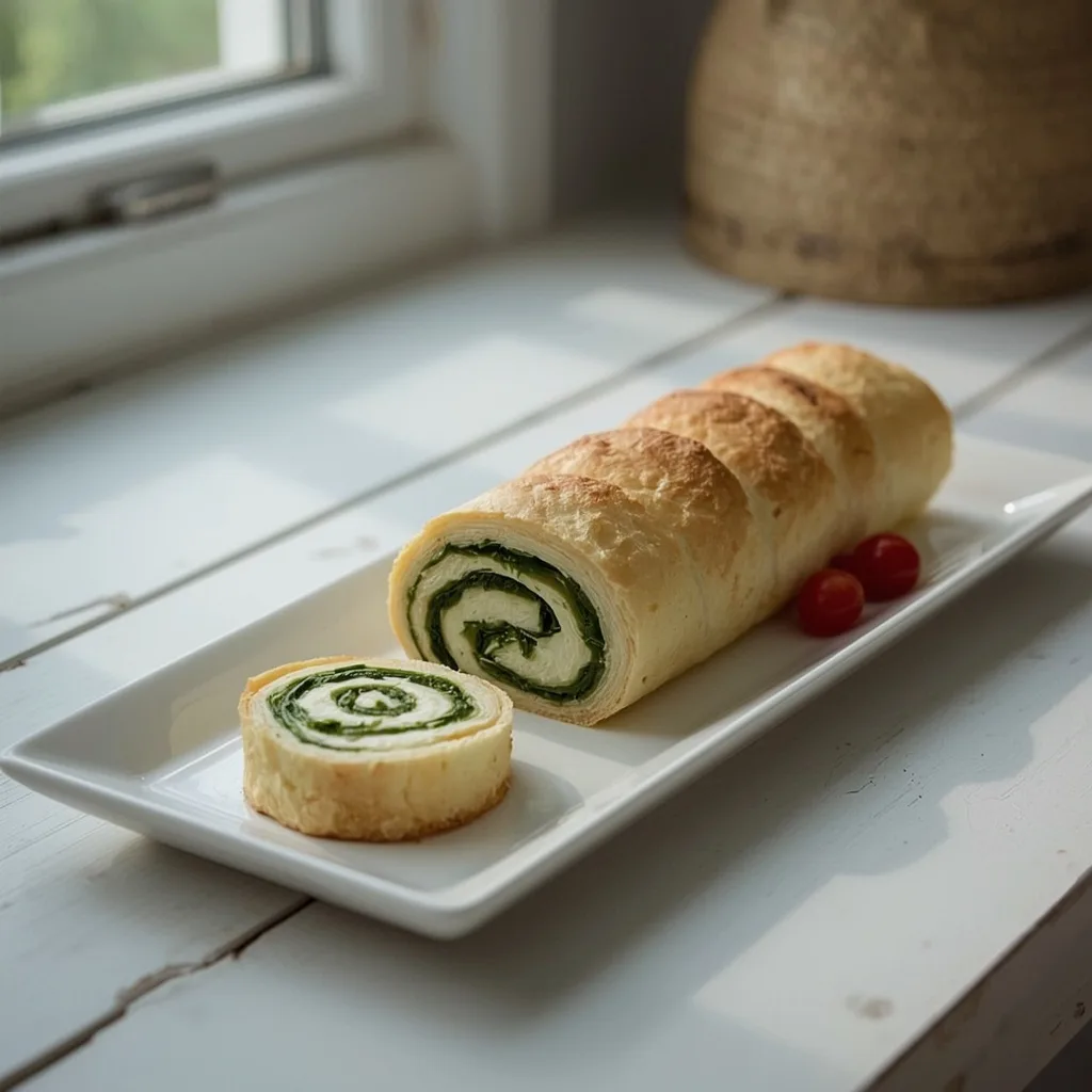 Cheese and spinach roulade sliced to show the spinach spiral