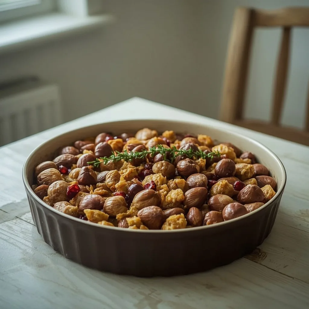 Chestnut and cranberry stuffing in a round baking dish