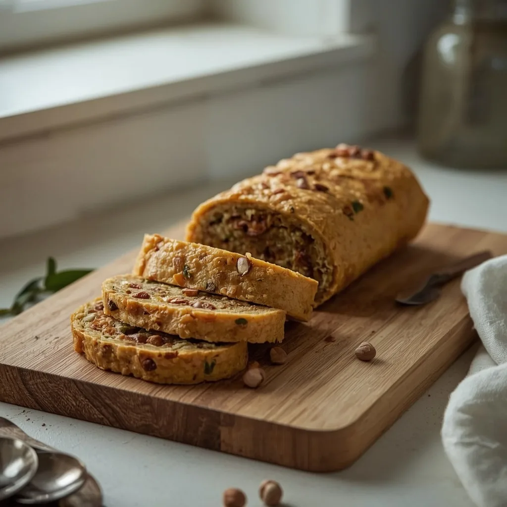 Chestnut and sage stuffing log sliced on a board