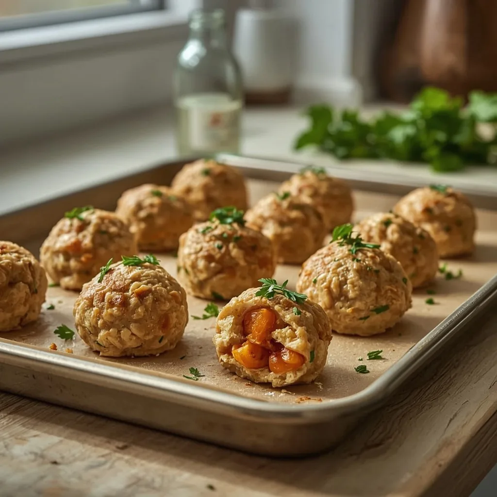 Chicken and apricot stuffing balls on a baking tray