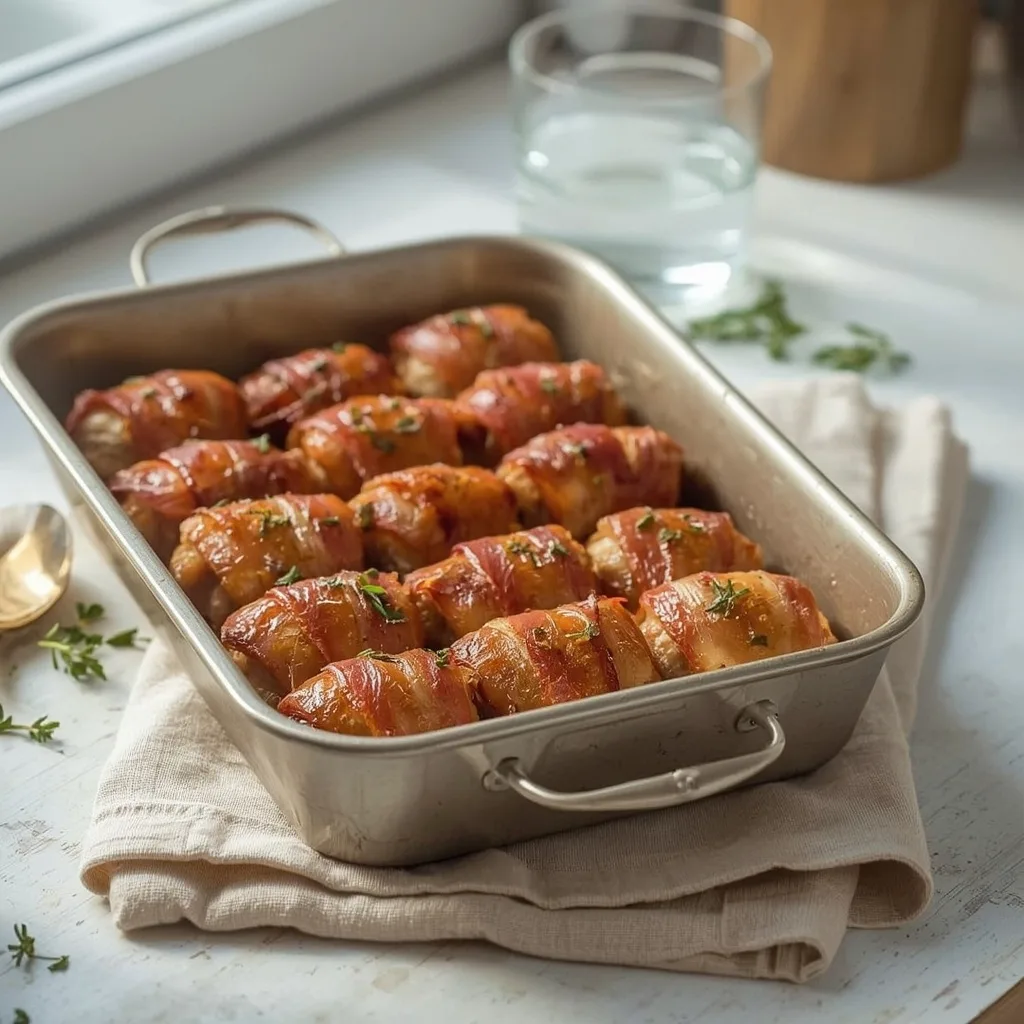 Chicken chipolatas wrapped in turkey bacon in a small roasting tin