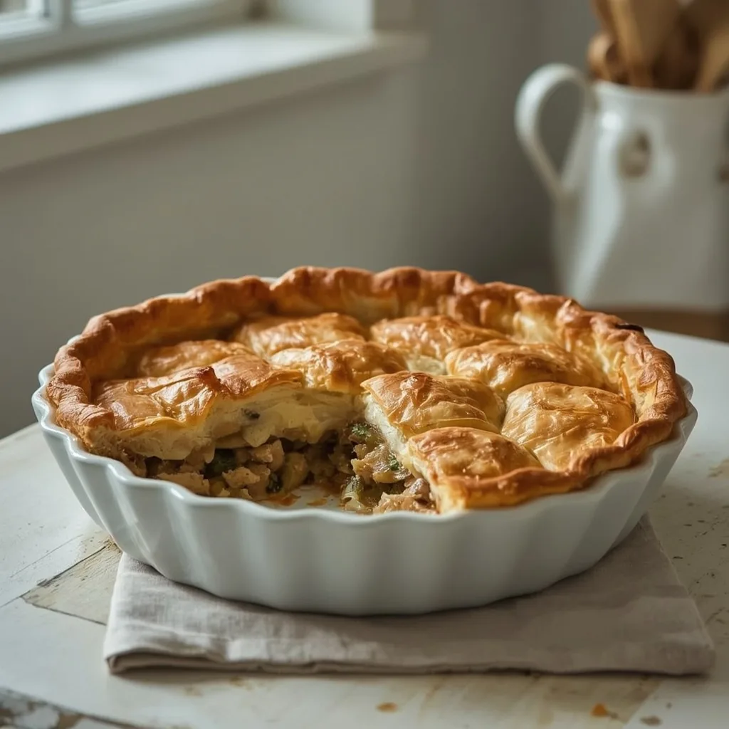 Chicken, leek and mushroom pie with puff pastry lid