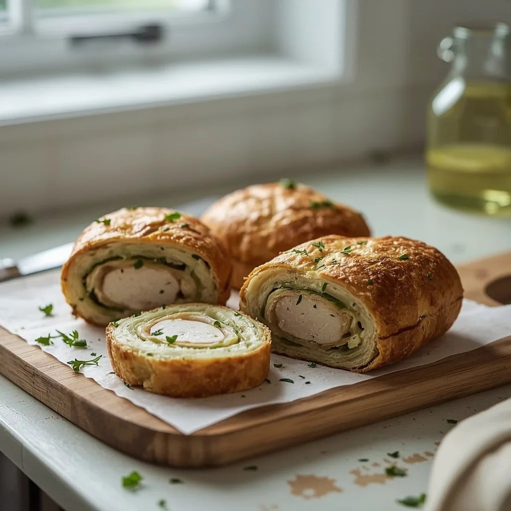 Chicken, leek and tarragon Wellington sliced on a board