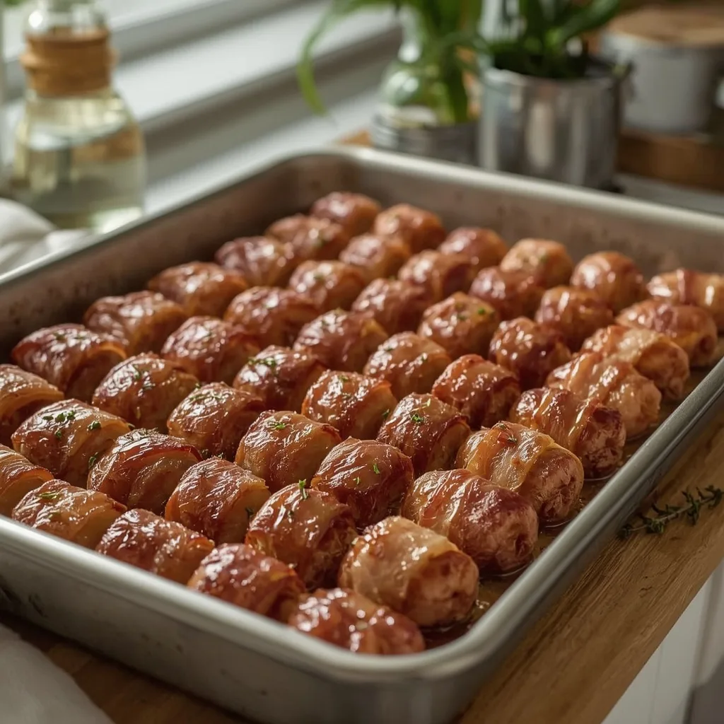 Large tray of chicken chipolatas wrapped in turkey bacon