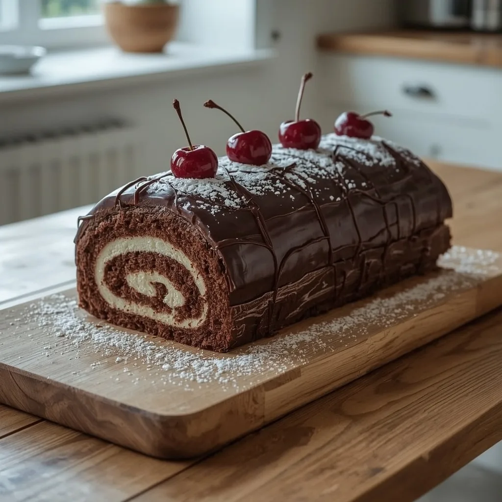 Chocolate and cherry yule log dusted with icing sugar