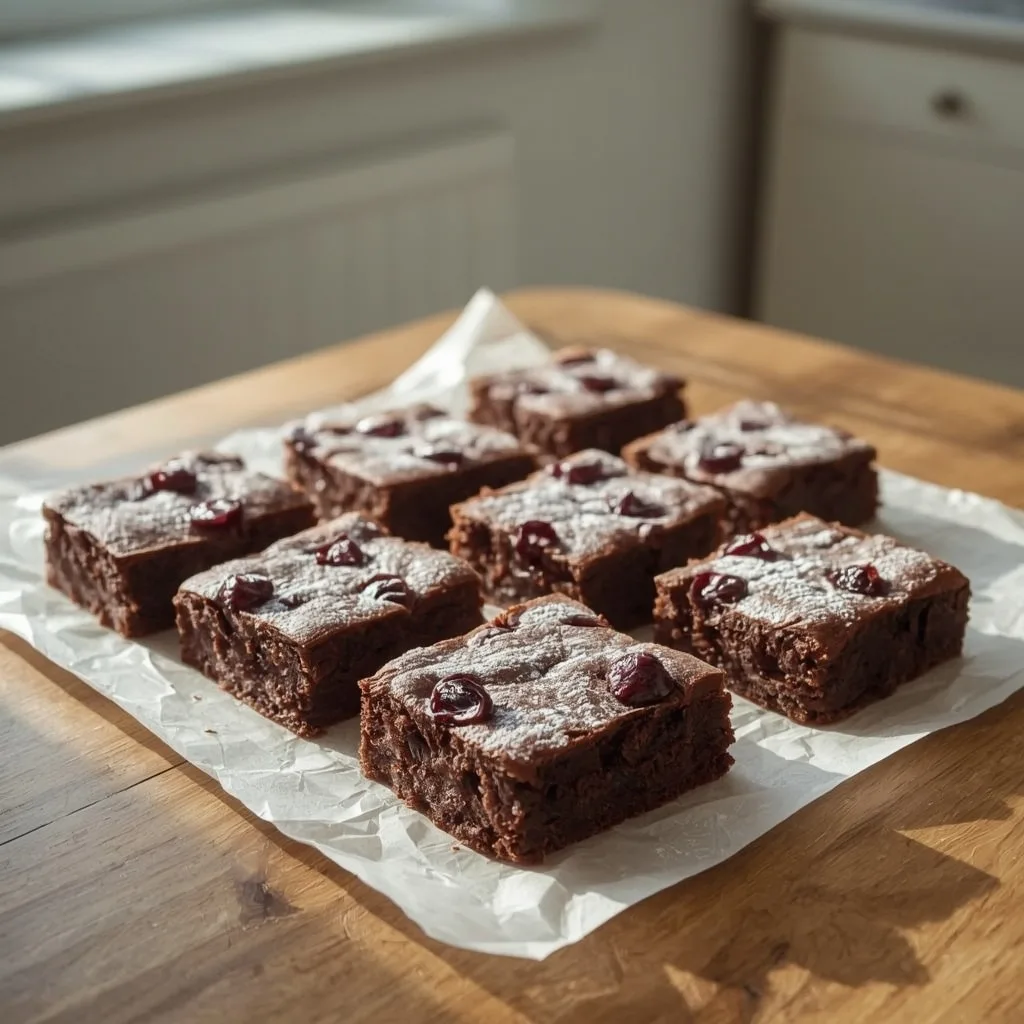 Chocolate cranberry brownies dusted with icing sugar