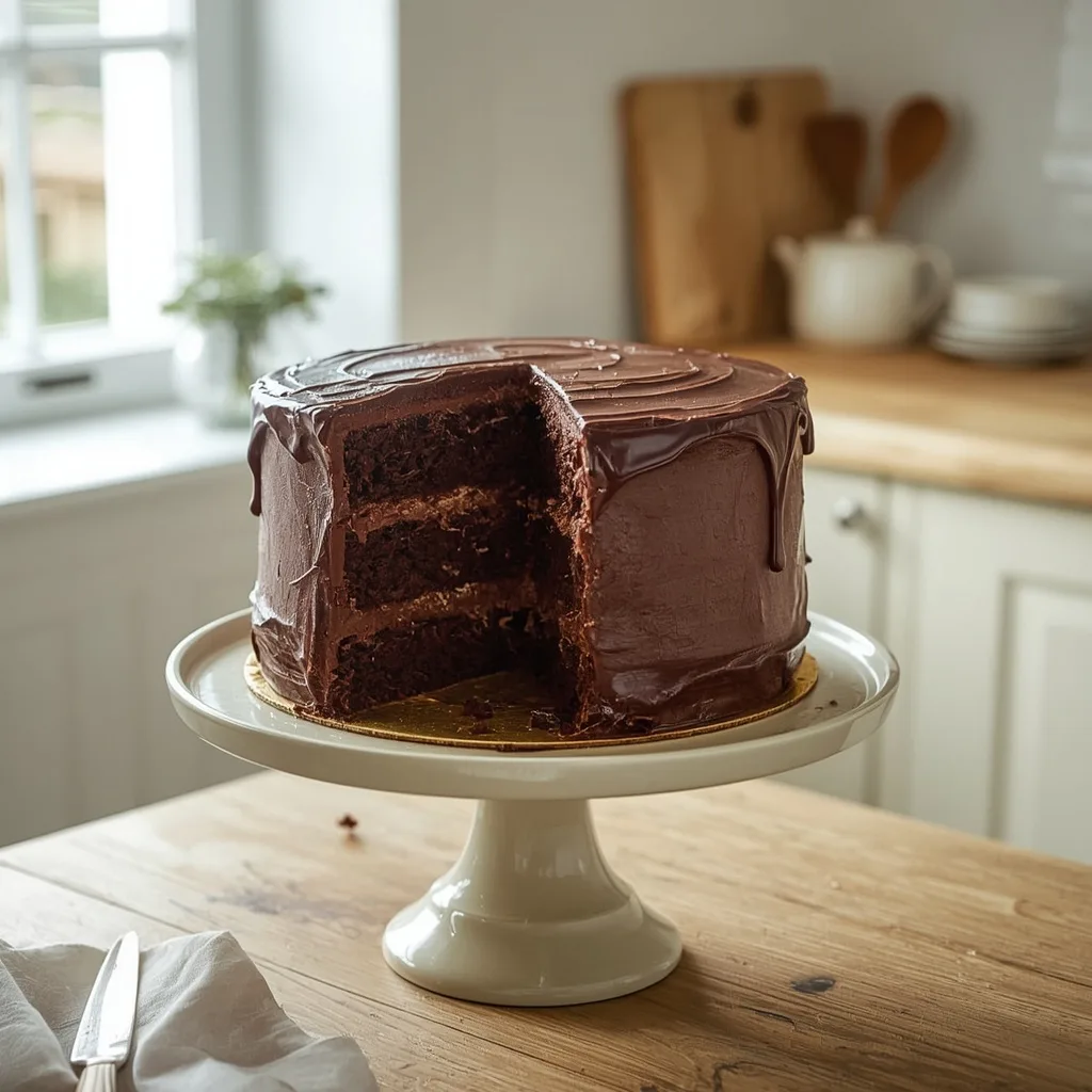 Chocolate fudge layer cake with a slice cut