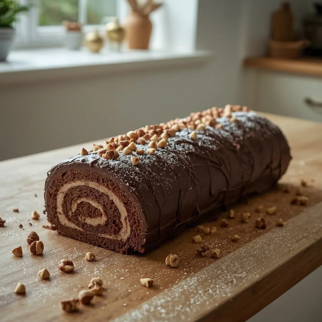 Chocolate hazelnut yule log with toasted hazelnuts