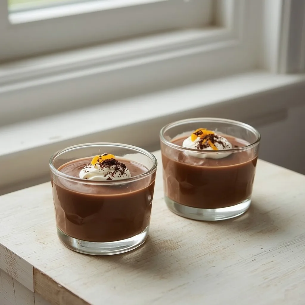 Two chocolate pots with crème fraîche and orange zest