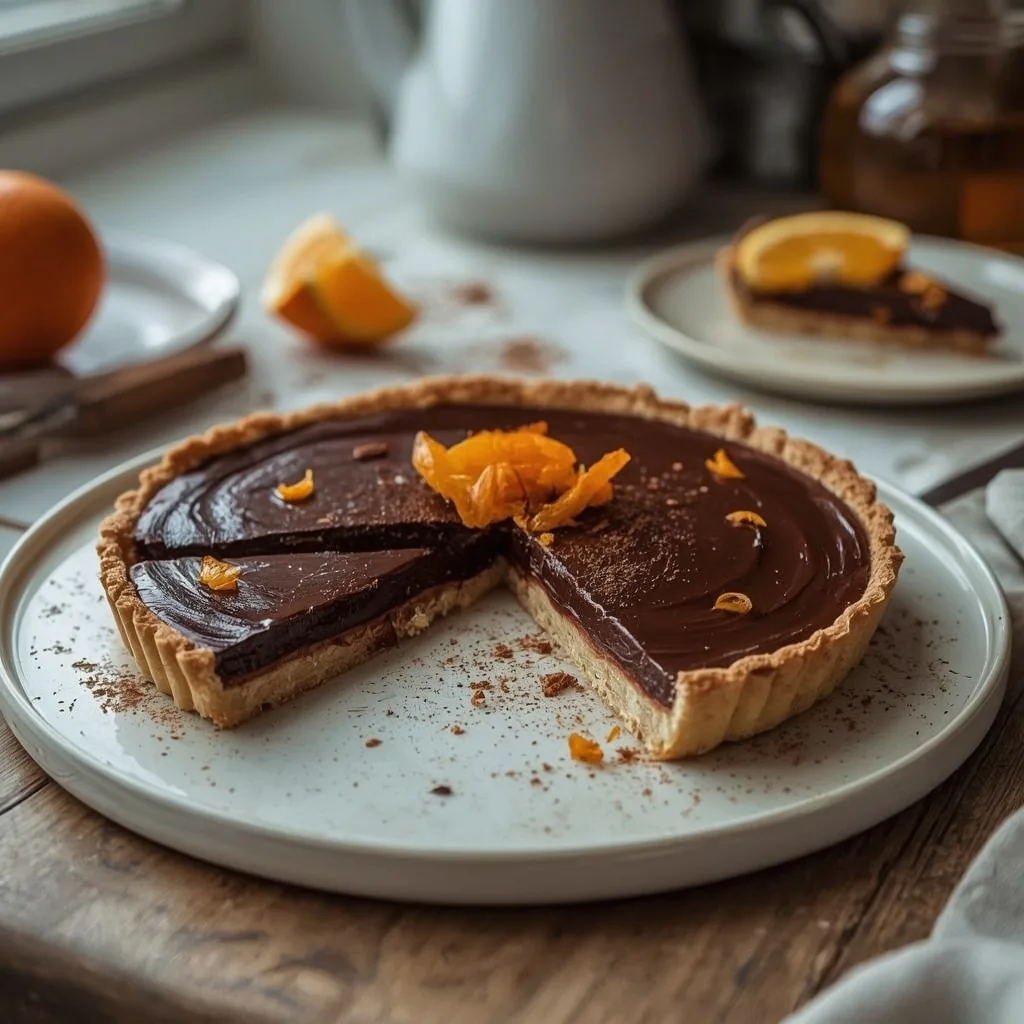 Chocolate orange tart with a slice cut