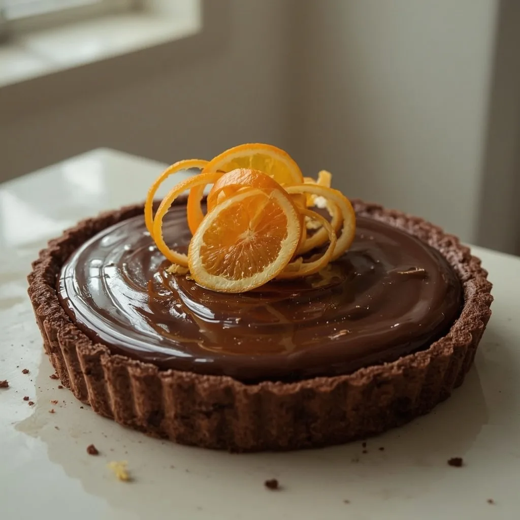 Glossy chocolate orange tart with orange zest