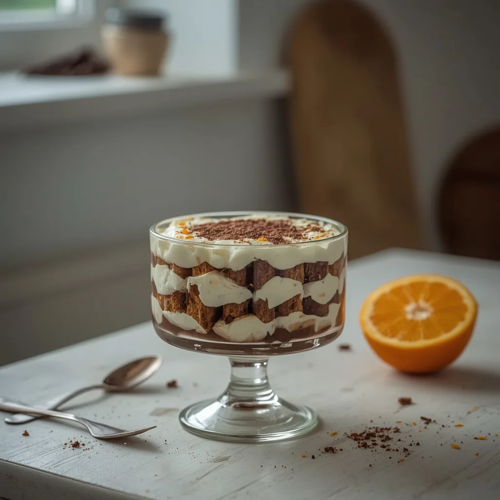 Chocolate orange tiramisu dusted with cocoa