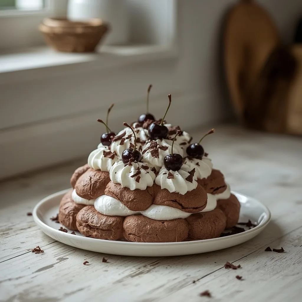 Chocolate pavlova with cherries and chocolate shavings